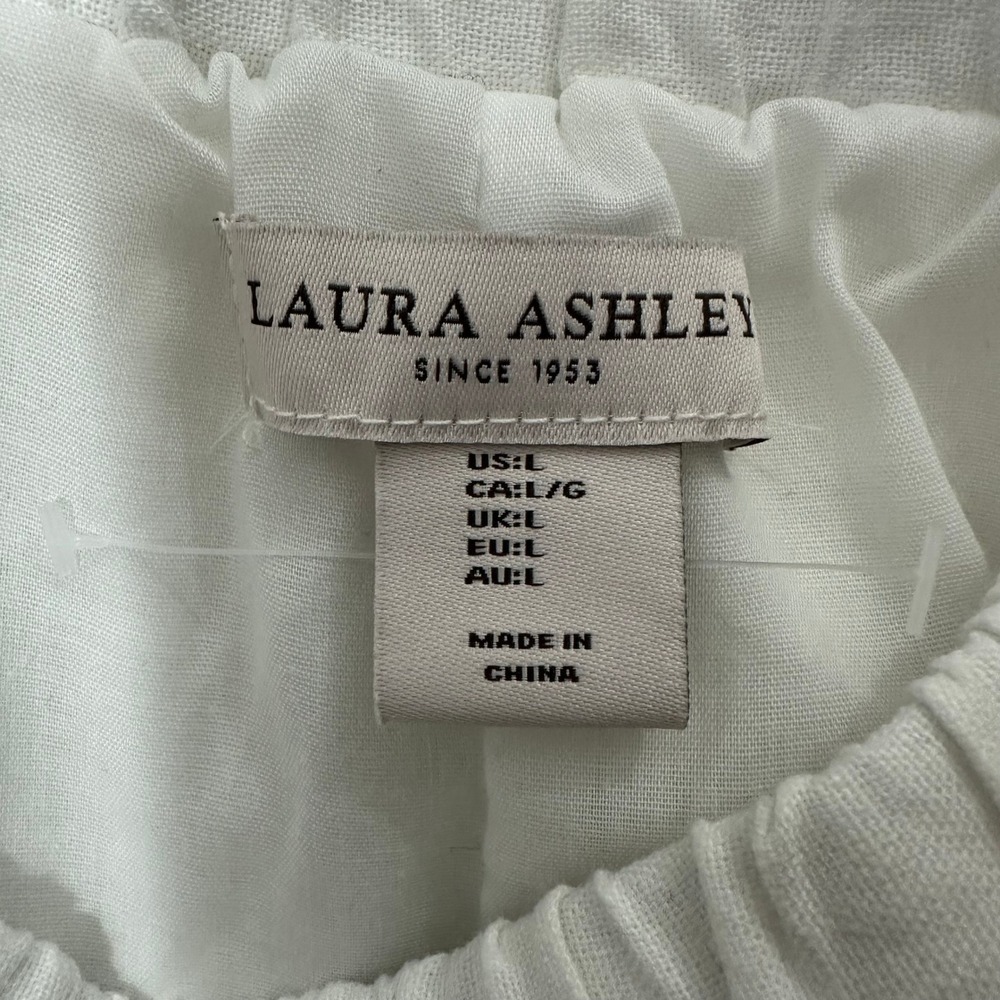 Laura Ashley White Linen Blend Tiered Maxi Skirt Elastic Waist Pockets‎ Large - Picture 2 of 8